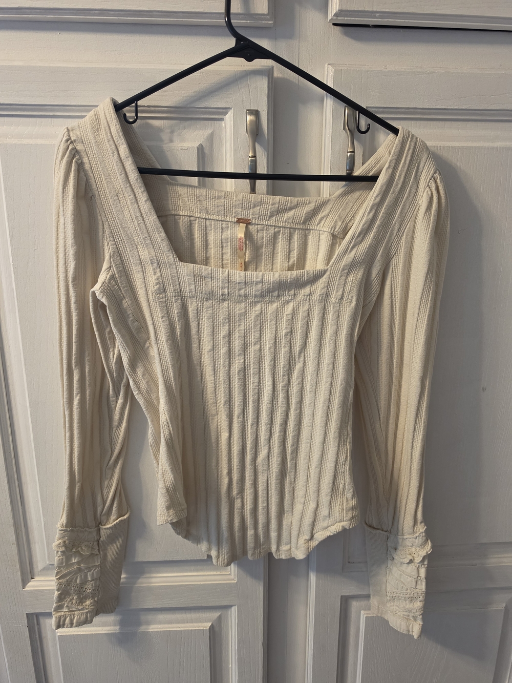 Free People Cream Ribbed Square-Neck Long Sleeve Blouse